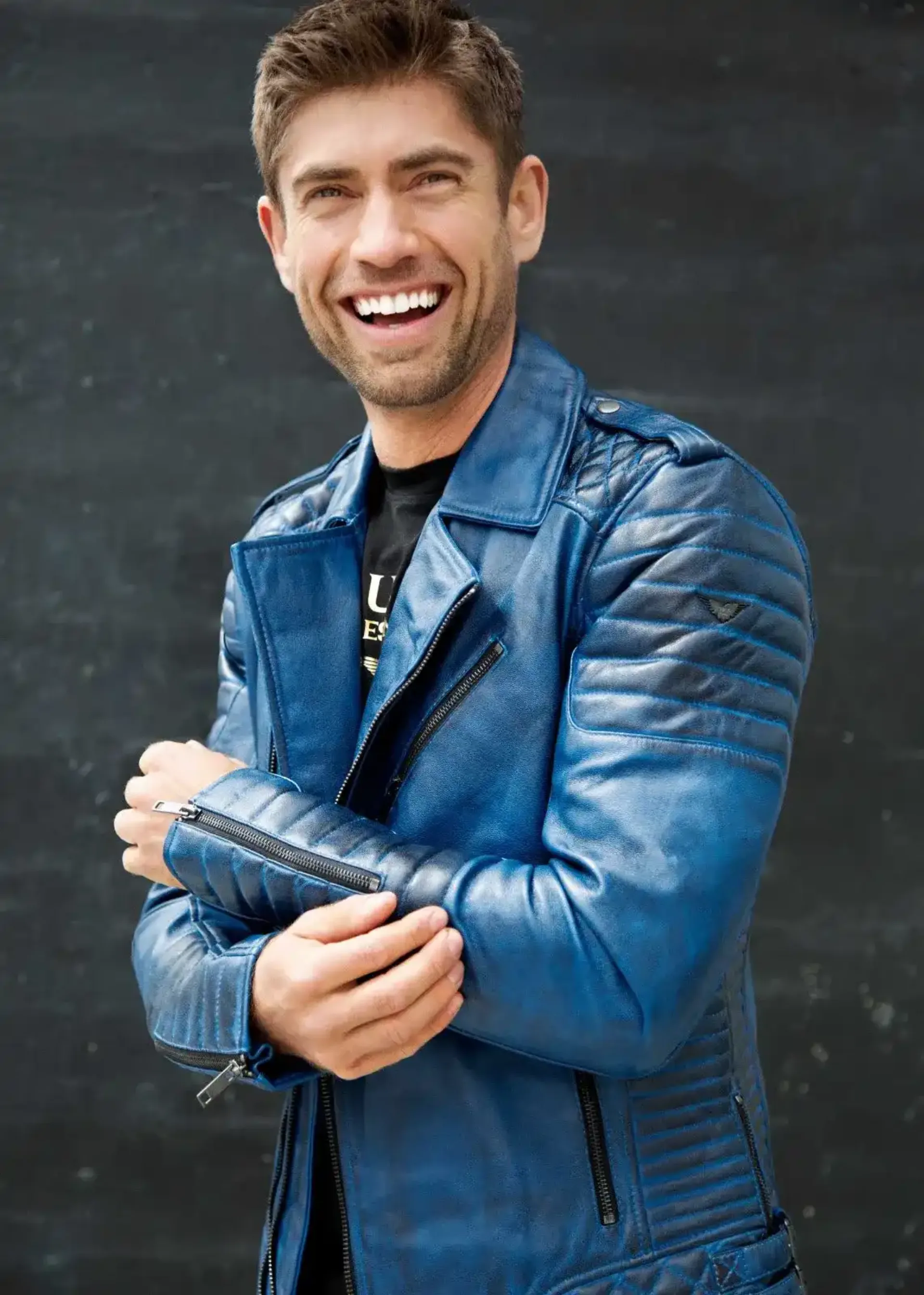 Mens Quilted biker Leather Motorcycle Jacket Blue