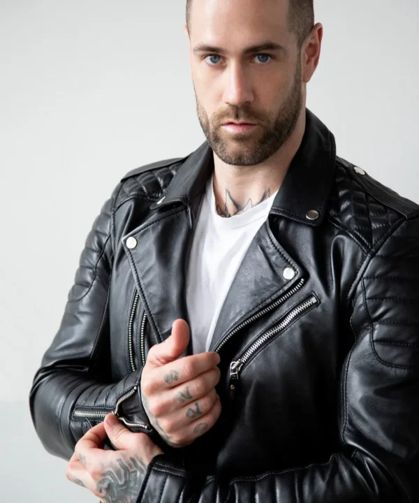 Mens Quilted Leather Motorcycle Jacket Black