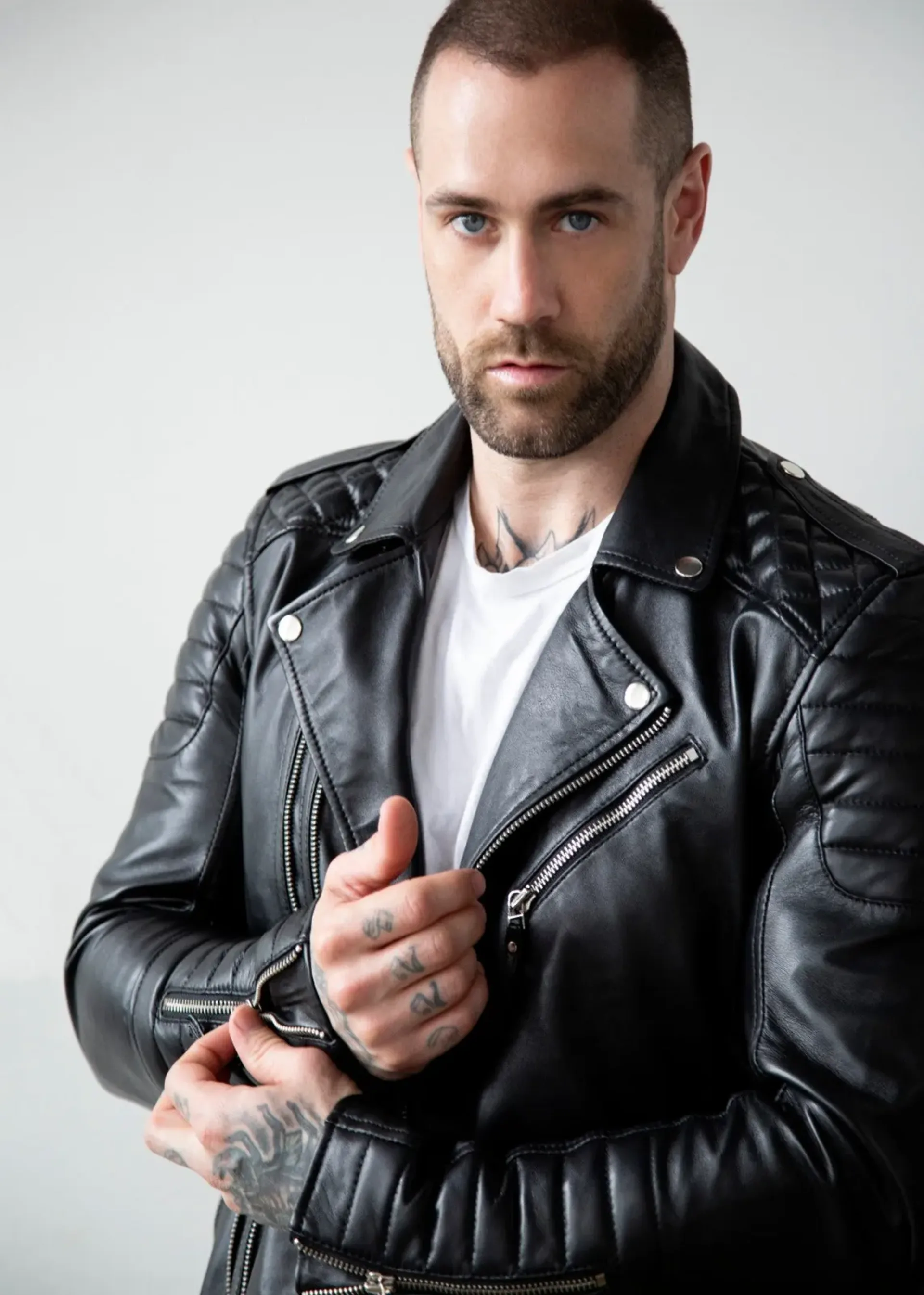 Mens Quilted Leather Motorcycle Jacket Black