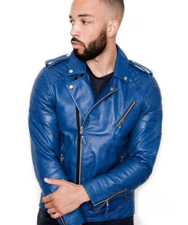 Mens Quilted biker Leather Motorcycle Jacket Blue