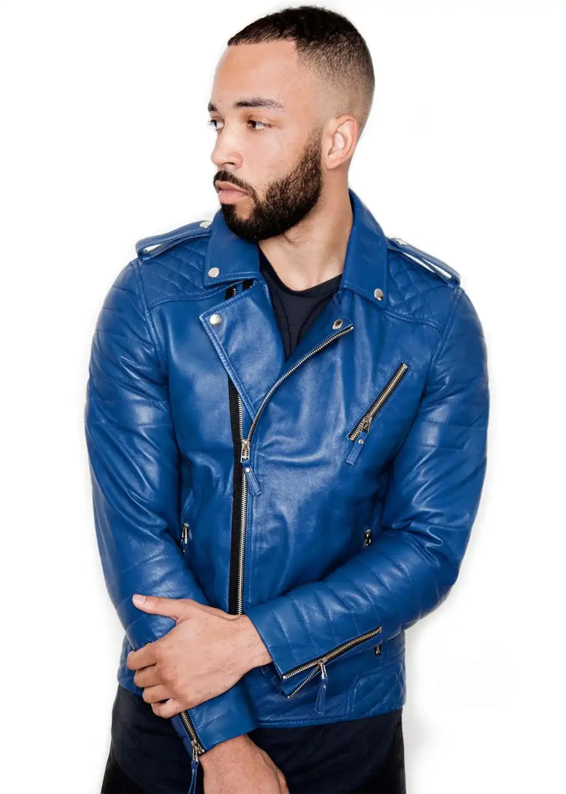 Mens Quilted biker Leather Motorcycle Jacket Blue