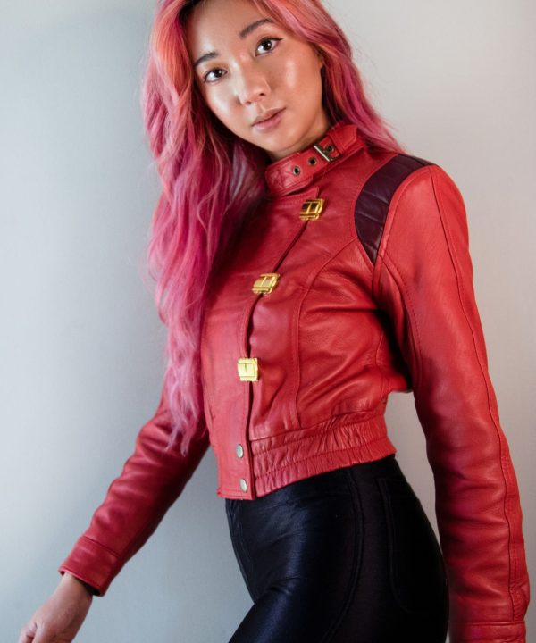 Womens Akira Red Leather Jacket Anime kaneda Crop Top Zip