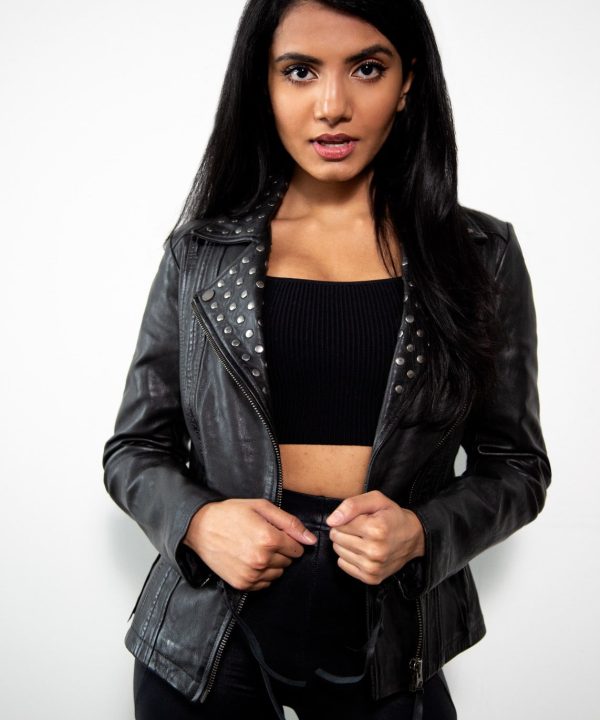Womens Studded Black Motorcycle Leather Jacket