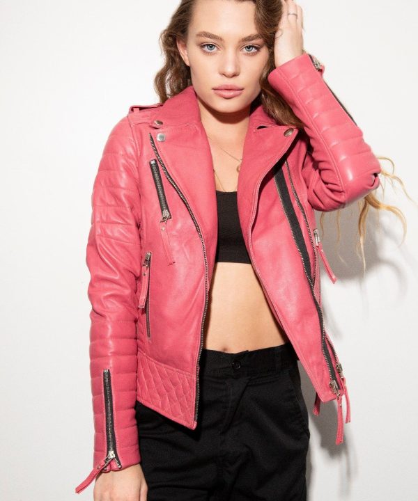 Womens Quilted Leather Motorcycle Jacket Pink Fashion