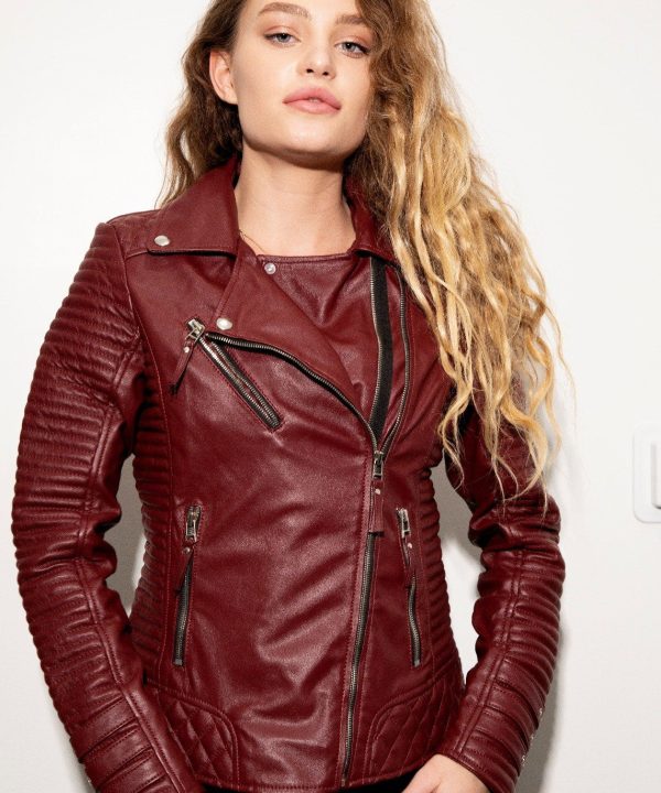 Womens Quilted Leather Motorcycle Jacket Maroon
