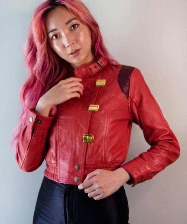 Womens Akira Red Leather Jacket Anime kaneda Crop Top Zip