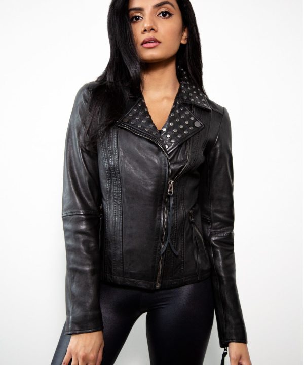 Womens Studded Black Moto Leather Jacket Studs on Collar