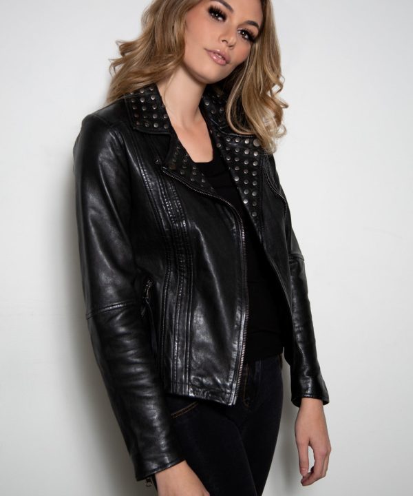 Womens Studded Black Motorcycle Leather Jacket