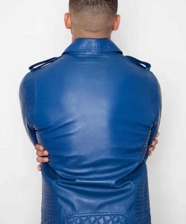 Mens Quilted biker Leather Motorcycle Jacket Blue