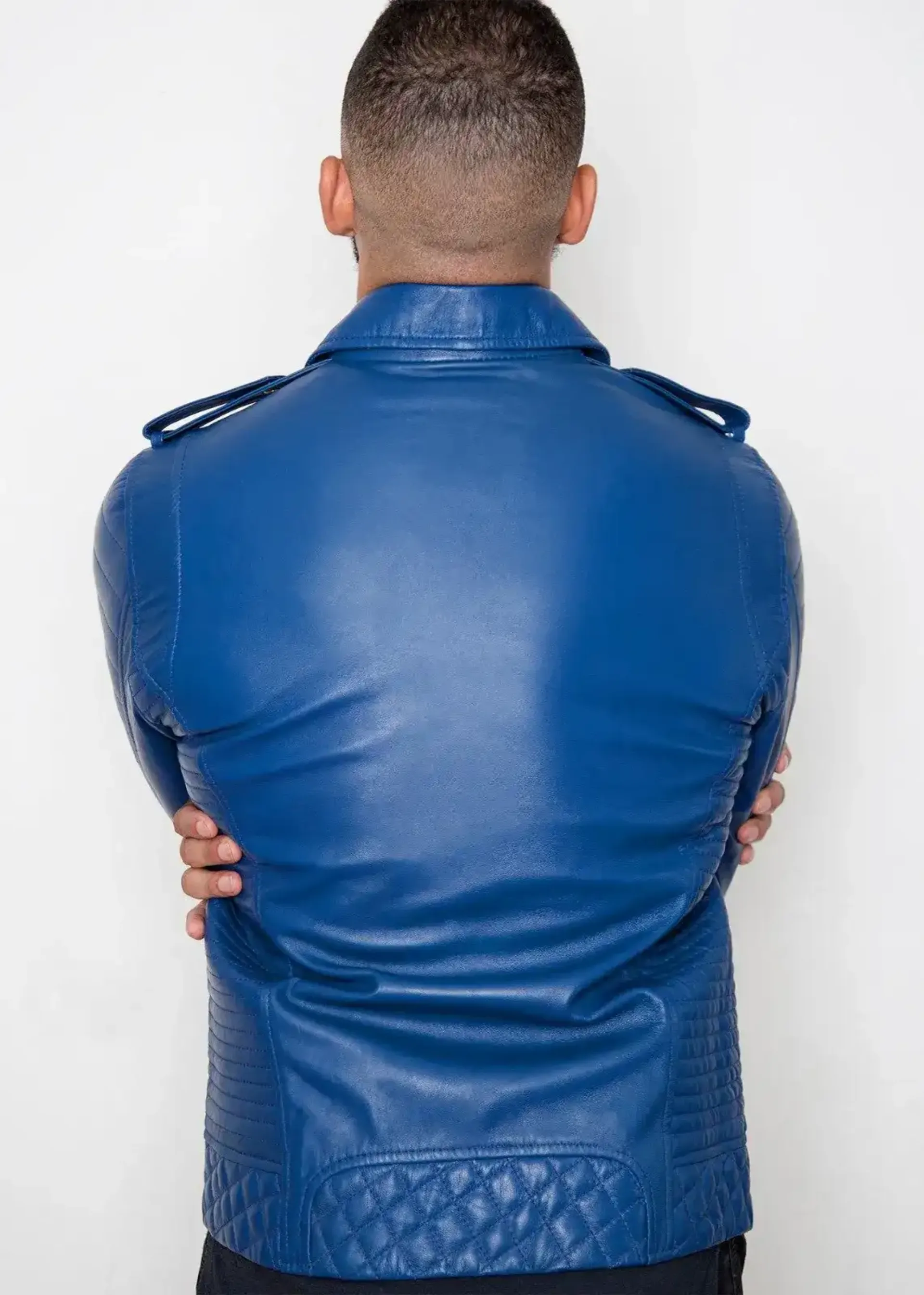 Mens Quilted biker Leather Motorcycle Jacket Blue