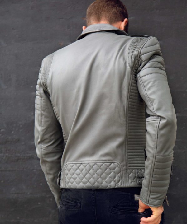 Mens Bright Grey Quilted Biker Leather Motorcycle Jacket Gray Back