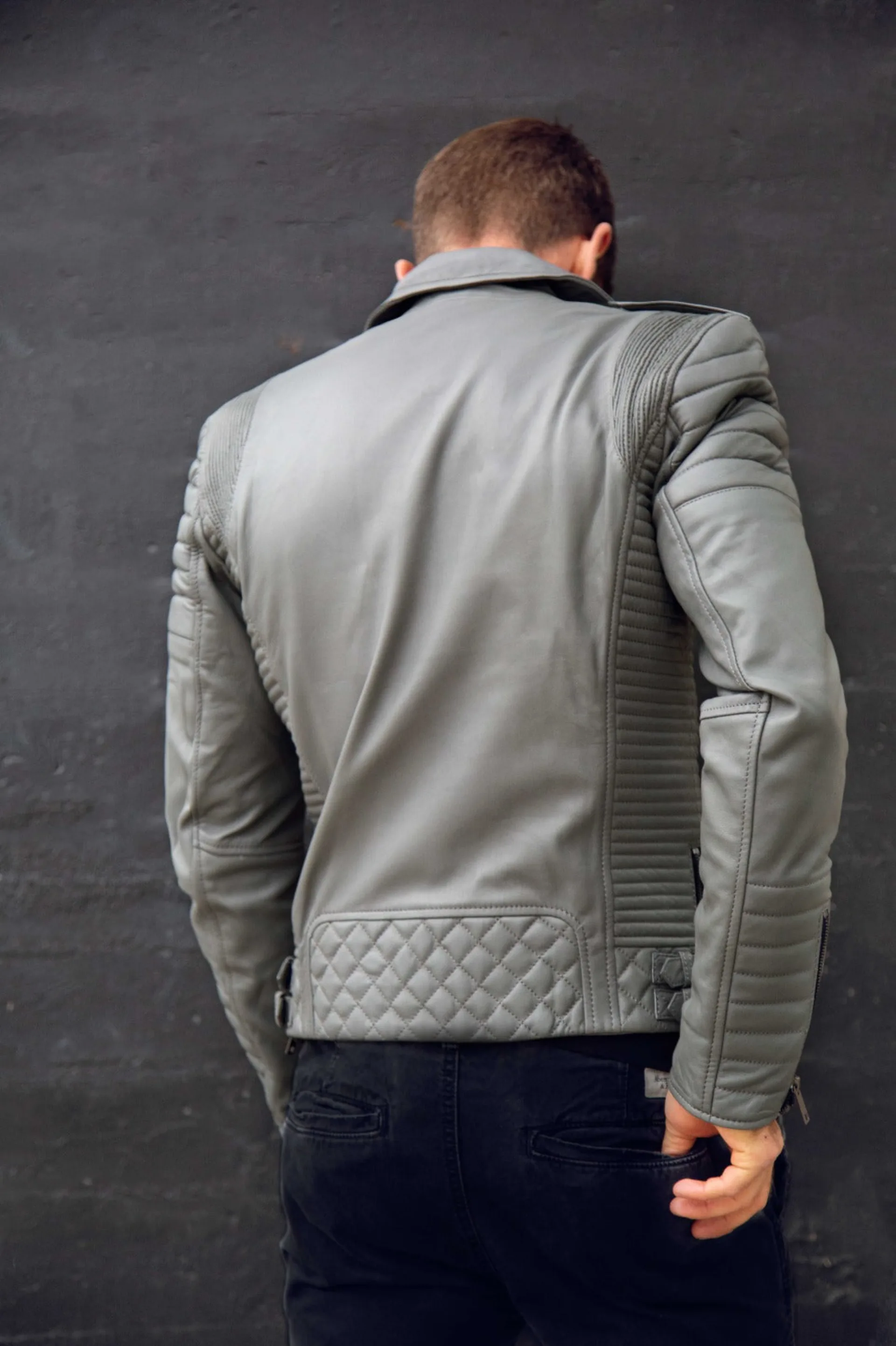 Mens Bright Grey Quilted Biker Leather Motorcycle Jacket Gray Back