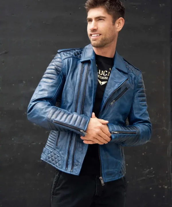Mens Quilted biker Leather Motorcycle Jacket Blue