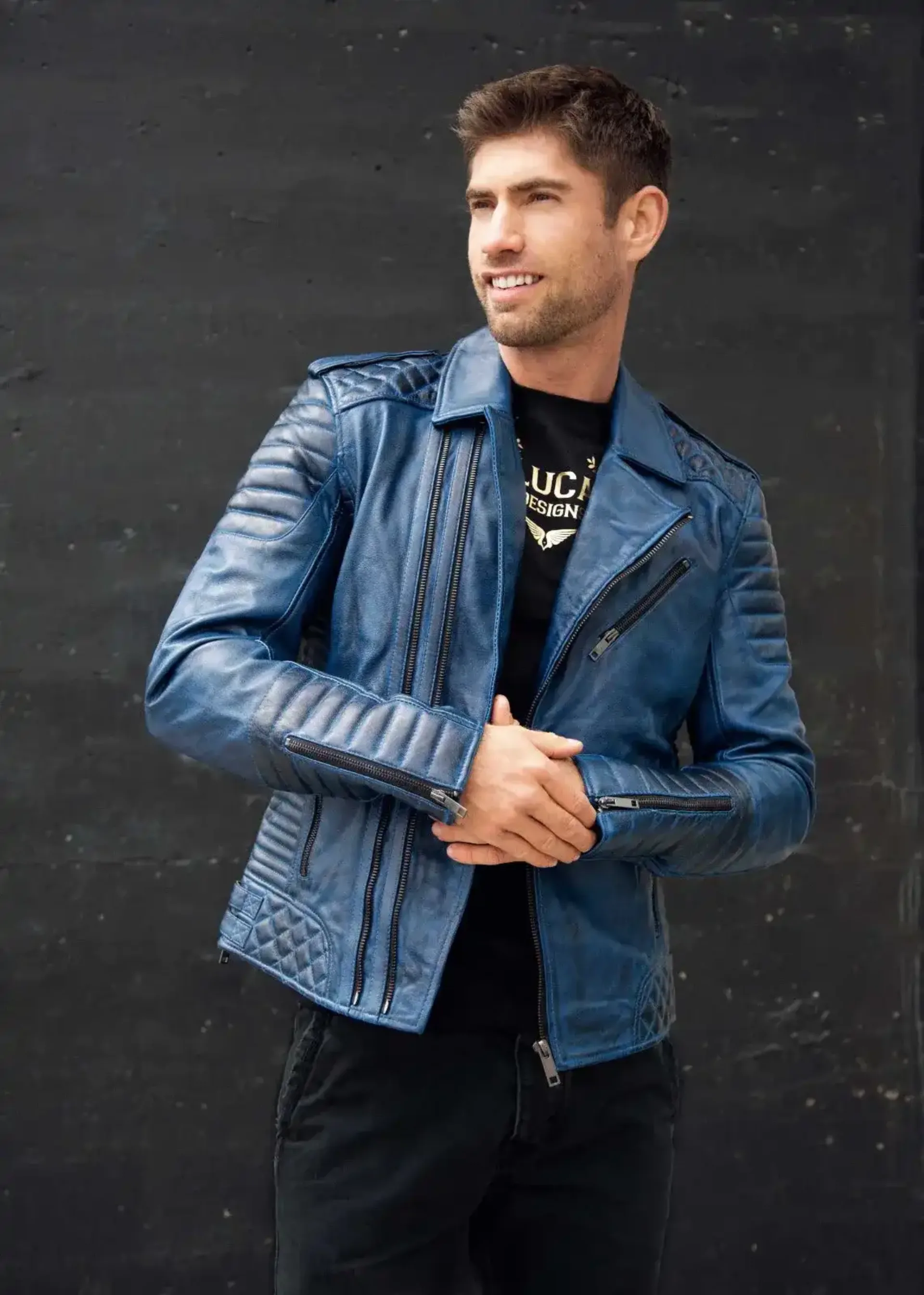 Mens Quilted biker Leather Motorcycle Jacket Blue