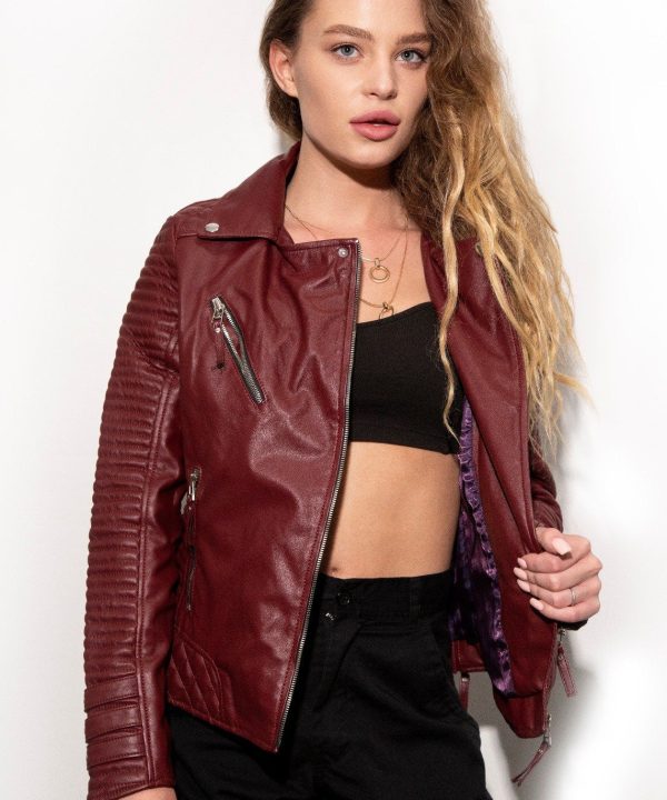 Womens Quilted Leather Motorcycle Jacket Maroon
