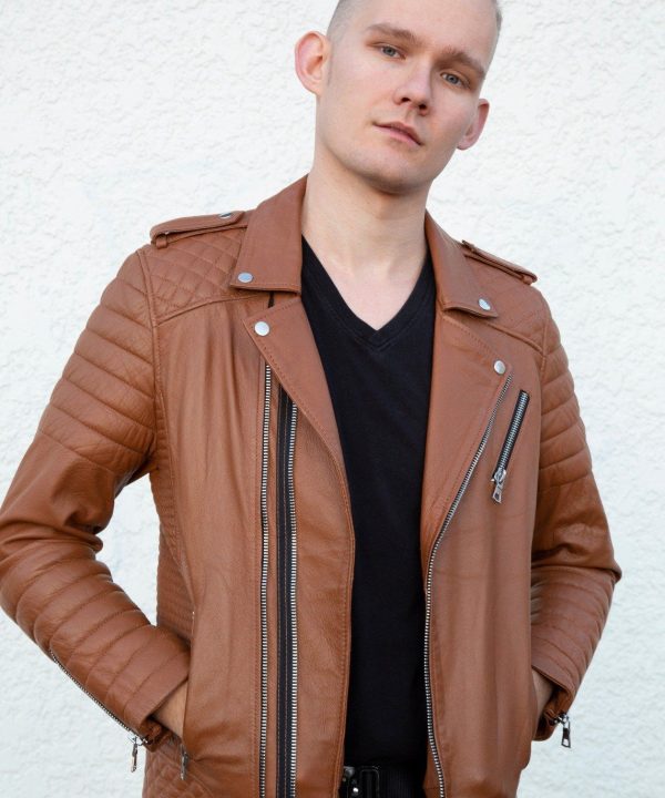 Mens Quilted Leather Motorcycle Jacket Caramel Brown