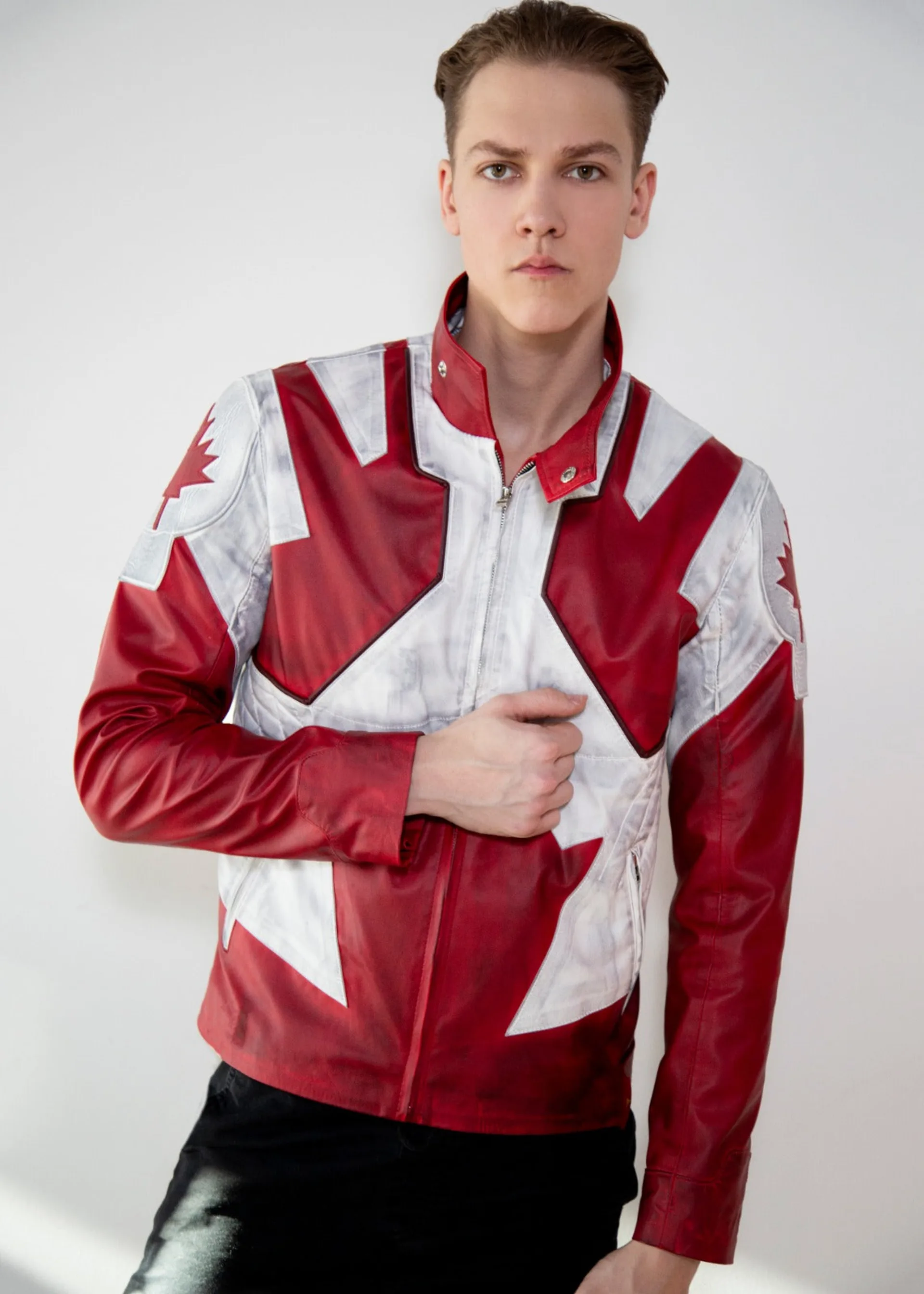 Mens Captain Canuck Comic Red White Leather Jacket