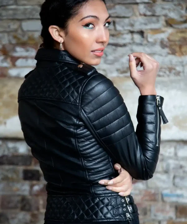 Womens Quilted Leather Motorcycle Jacket Back