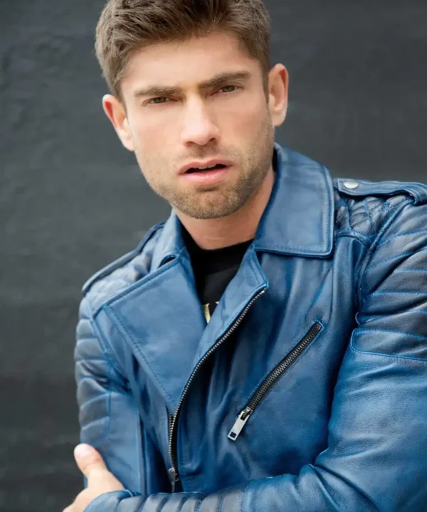 Mens Quilted biker Leather Motorcycle Jacket Blue