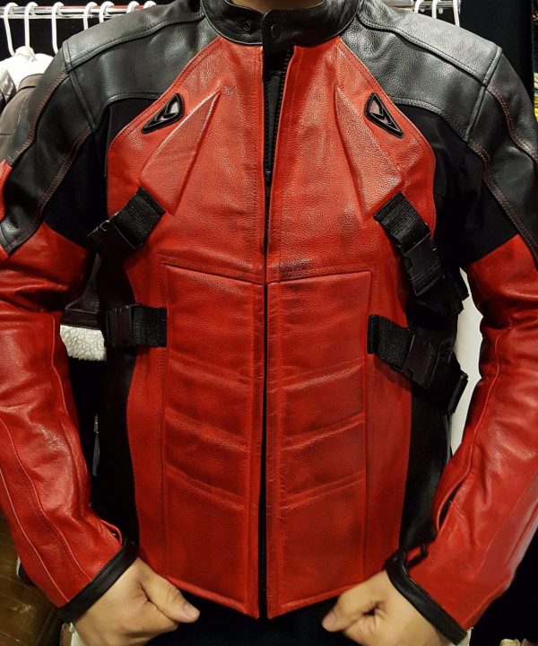 Mens Deadpool Leather Motorcycle Jacket Red and Black Armored