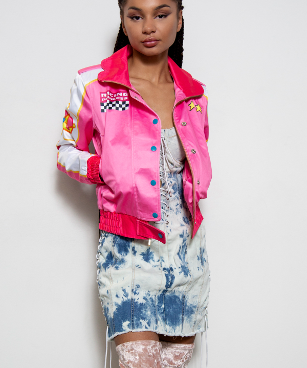 black barbie princess peach pink bomber jacket