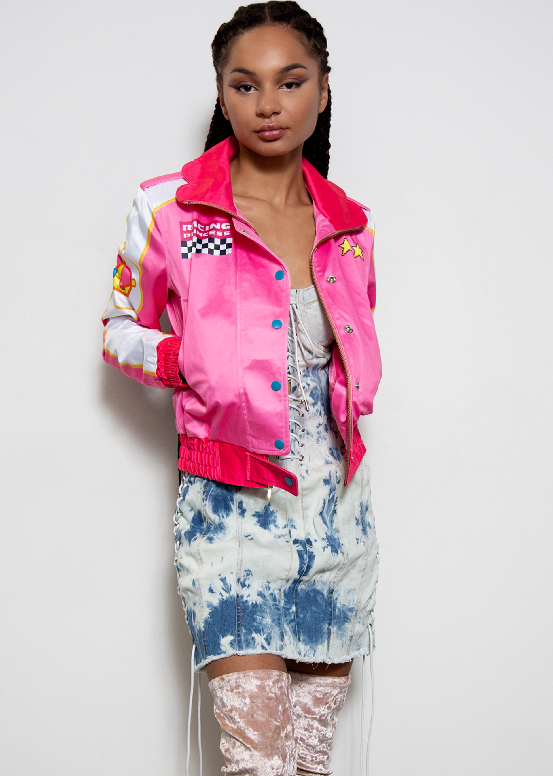black barbie princess peach pink bomber jacket