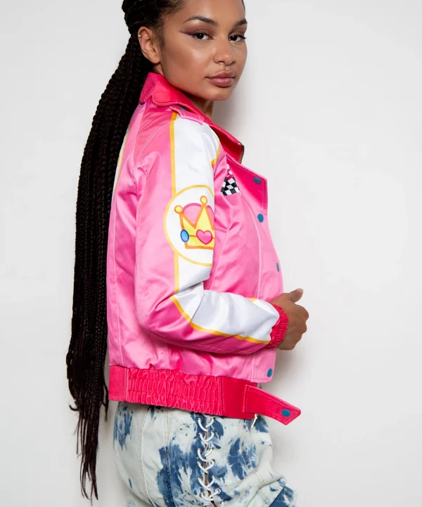 black barbie pink flower bomber jacket