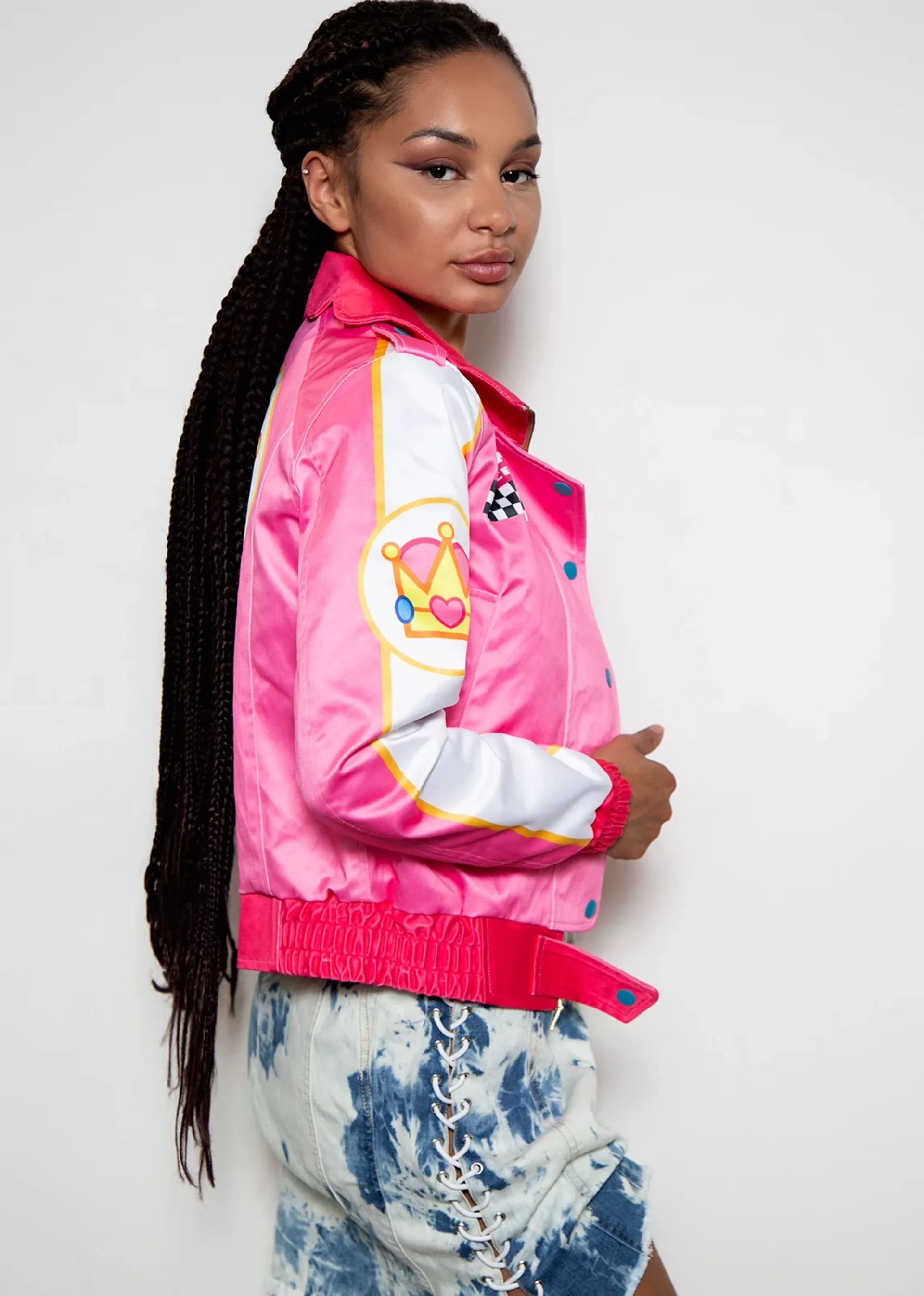 black barbie pink flower bomber jacket