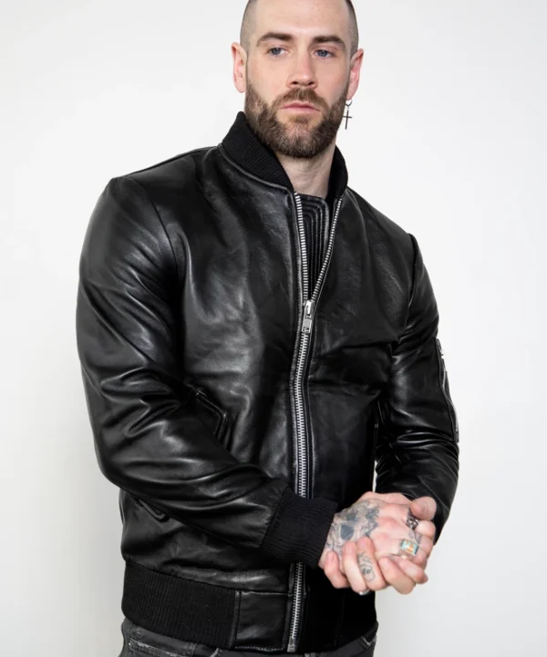 black leather bomber for men