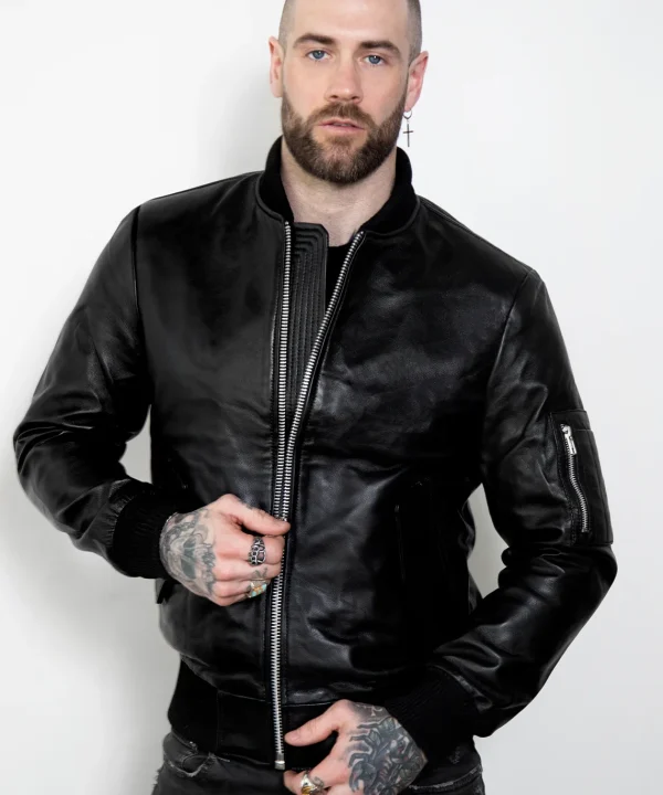 black diesel leather bomber jacket men