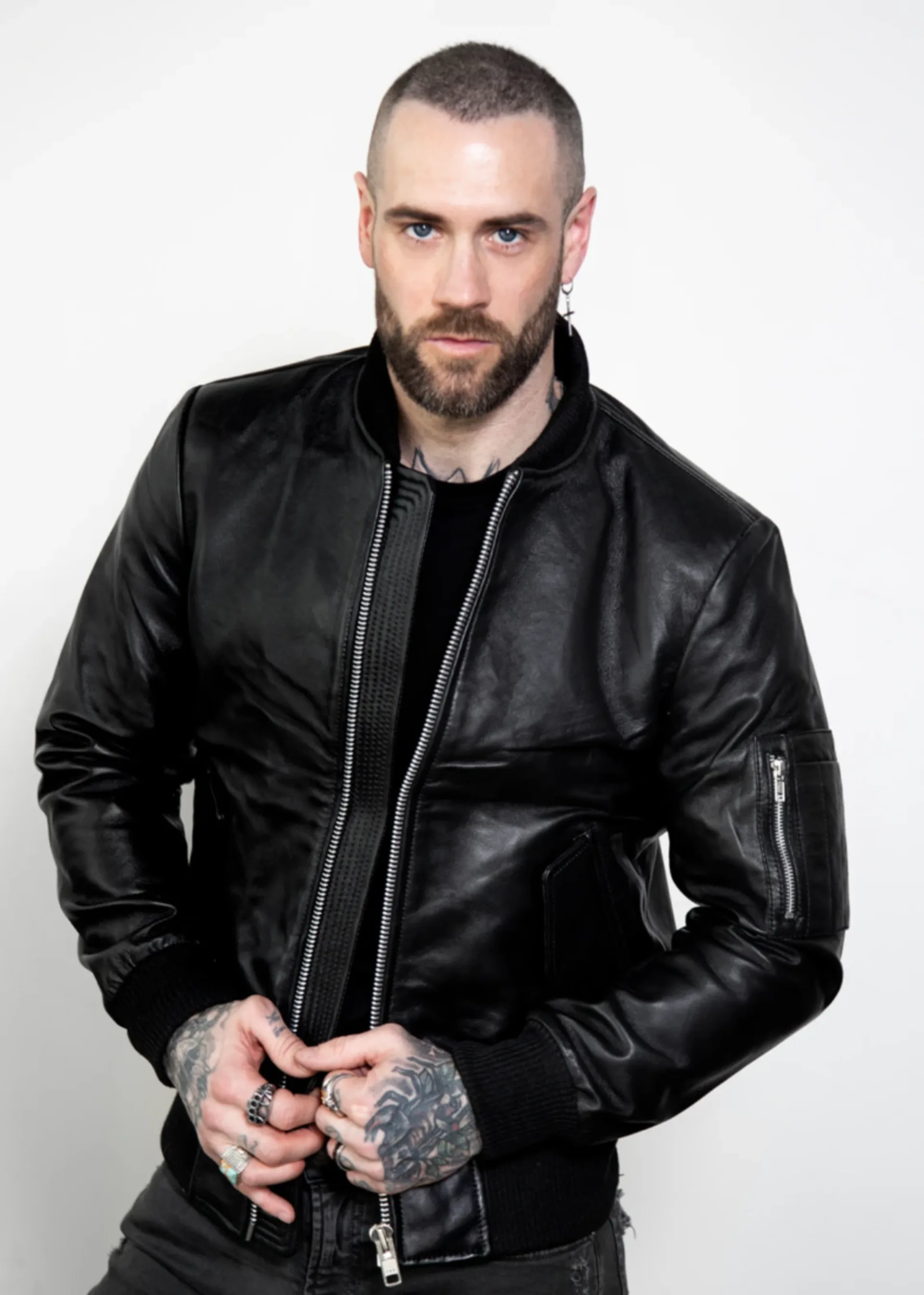mens black classic rapper leather bomber jacket