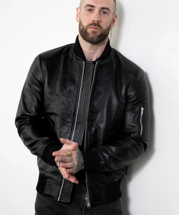 mens black leather bomber hoodie jacket