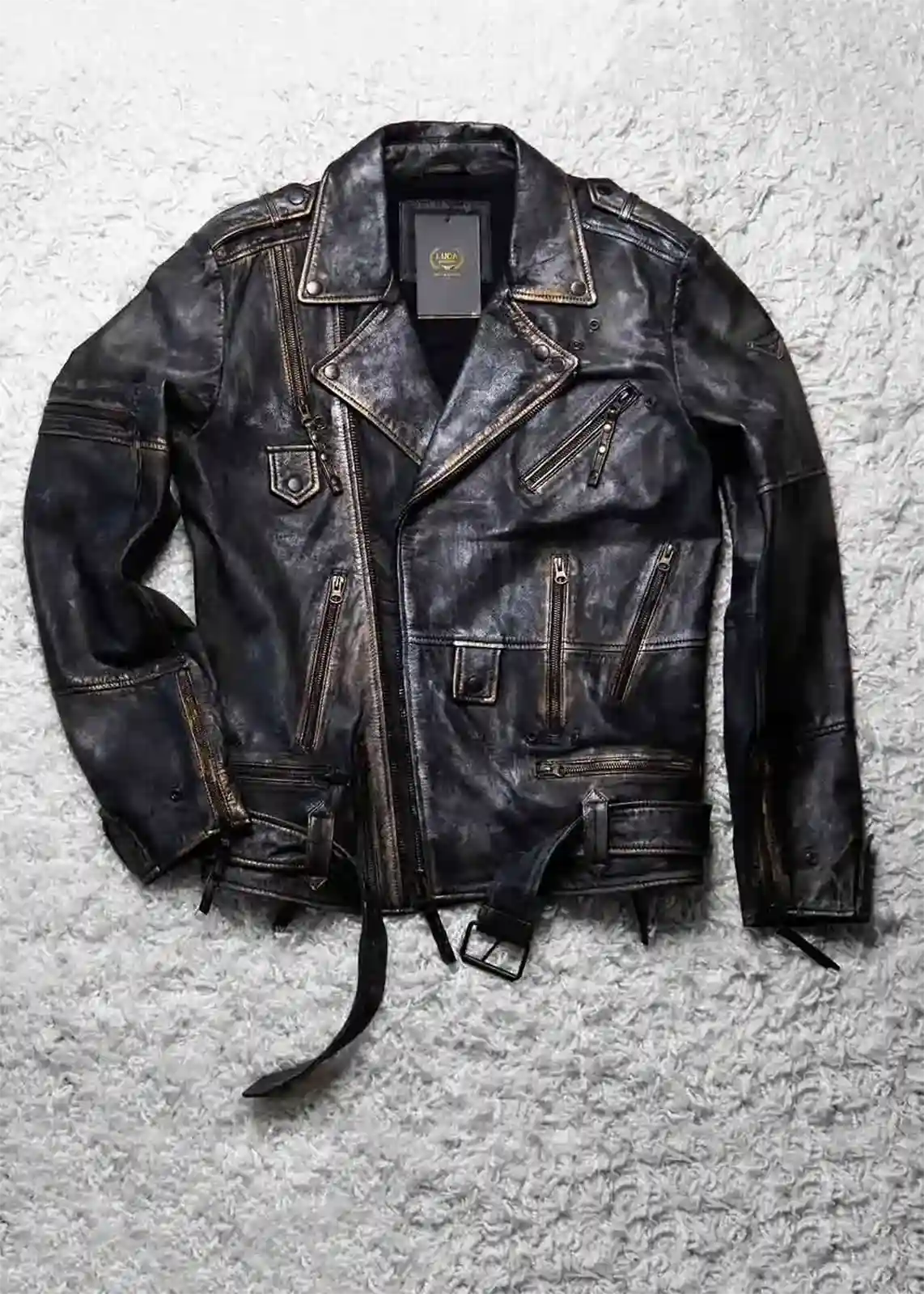 Mens Hand-Painted Bronze Zippered Leather Jacket