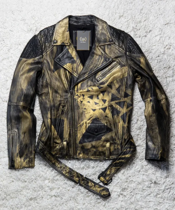 hand-painted gold triangle designer real leather jacket