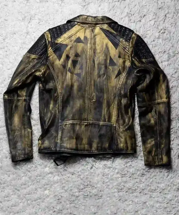 Mens Hand-painted Black Gold Studded Moto Leather Jacket - Polygons