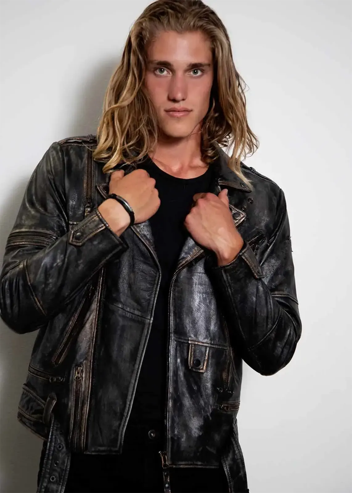 Mens Hand-Painted Bronze Zippered Leather Jacket