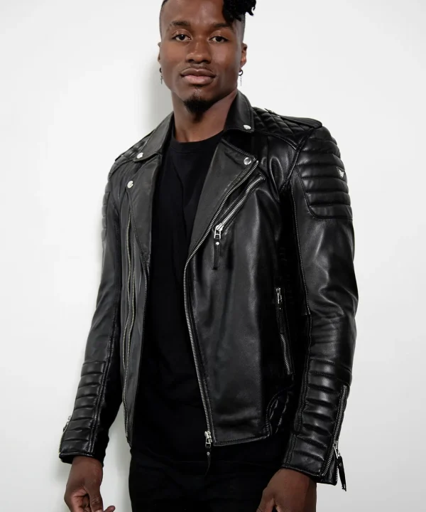 mens biker black real leather jacket quilted