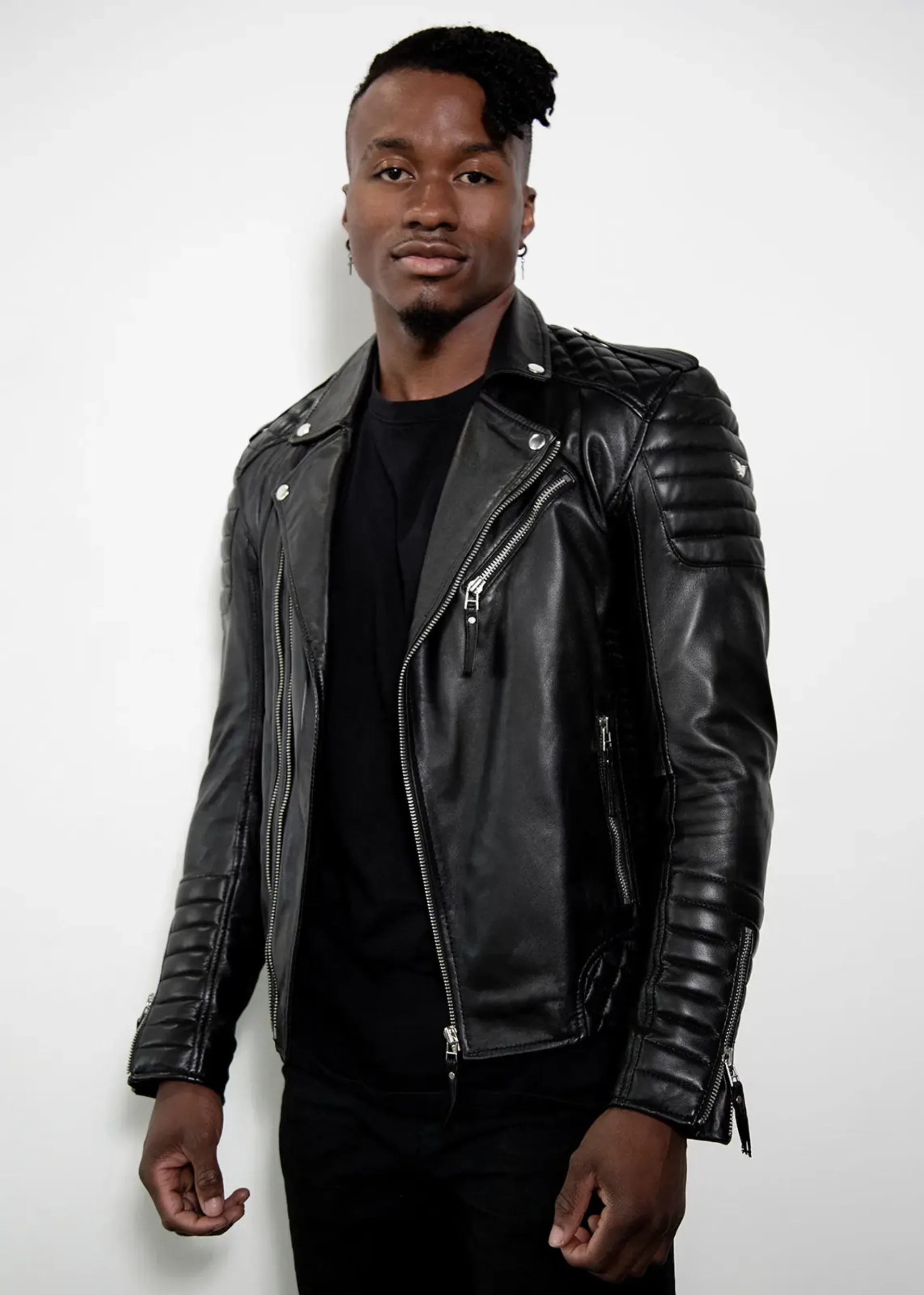 mens biker black real leather jacket quilted