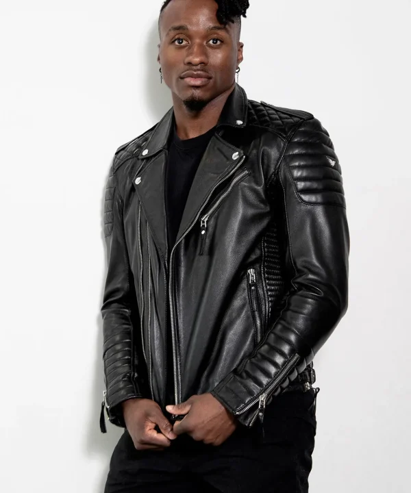 black quilted genuine leather moto jacket for mens