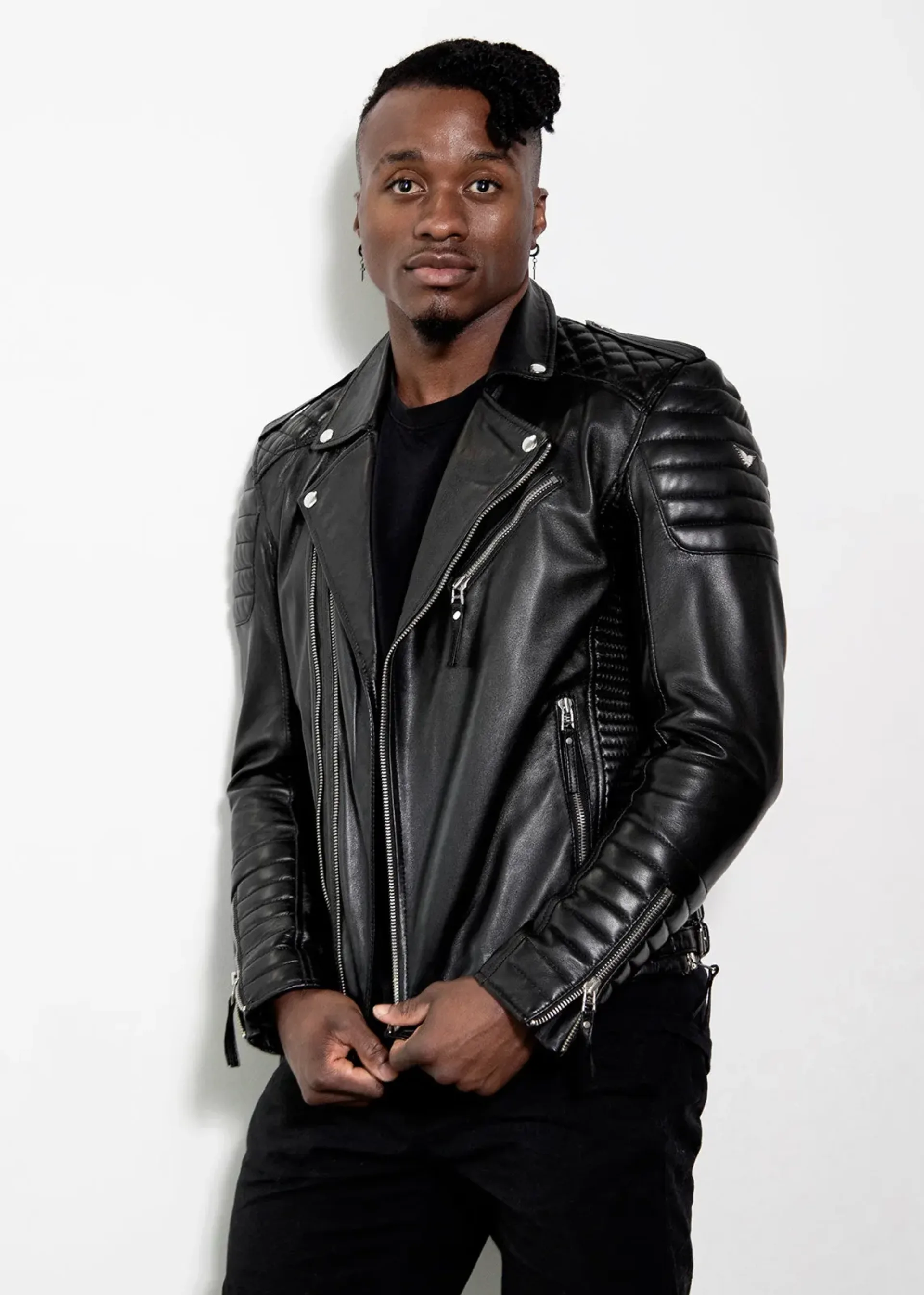 black quilted genuine leather moto jacket for mens