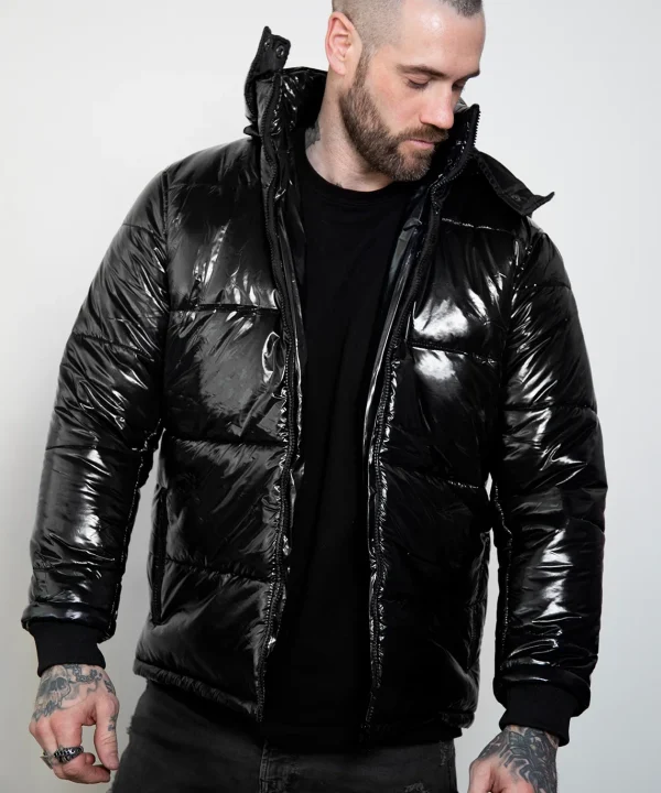 Black Shiny Puffer Jacket Mens with Hood