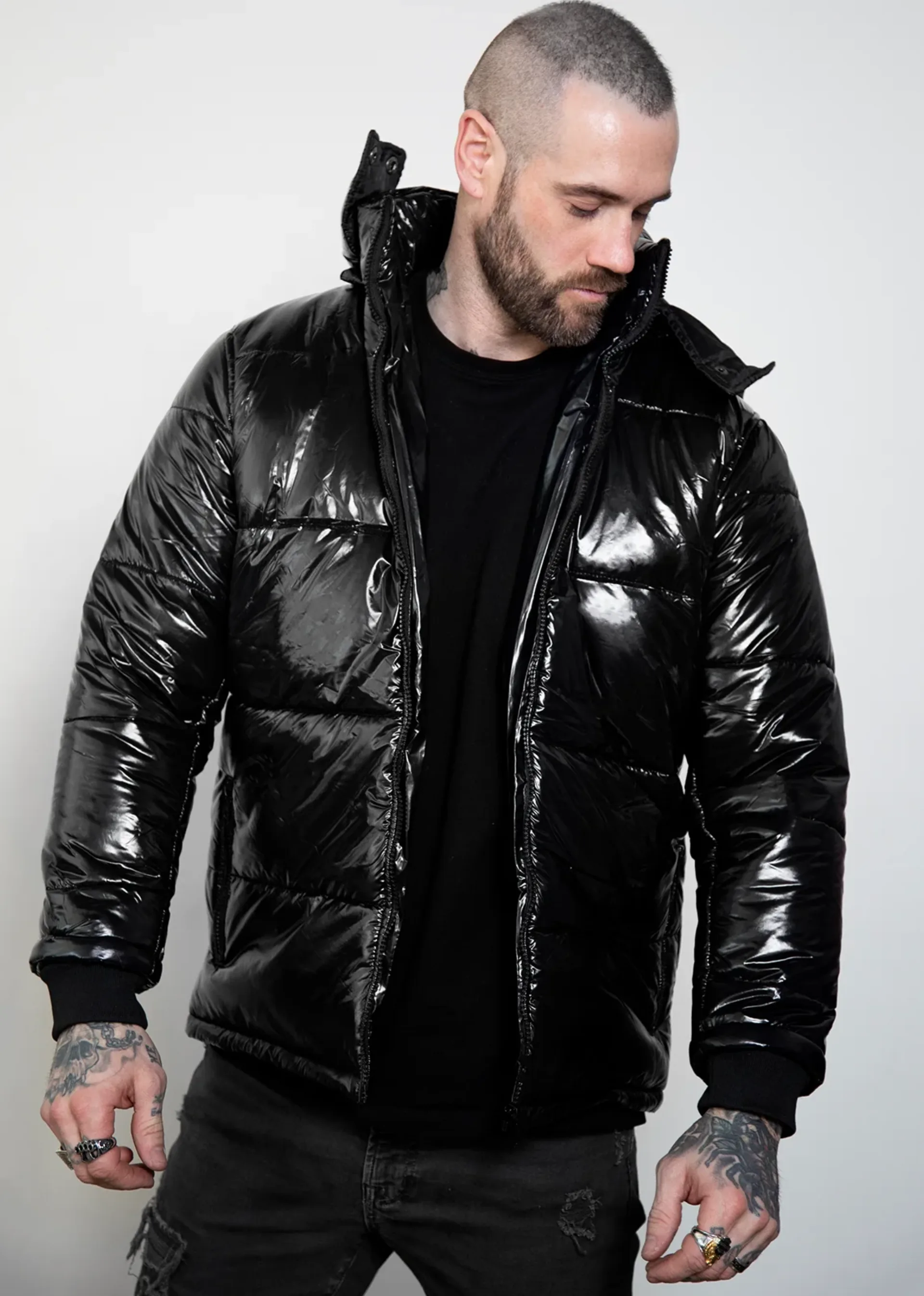 Black Shiny Puffer Jacket Mens with Hood