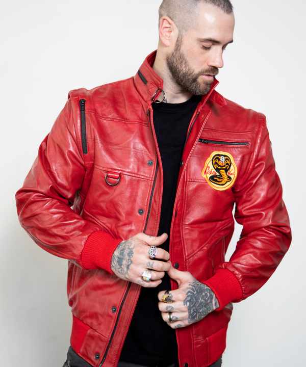 mens red leather cobra kai jacket