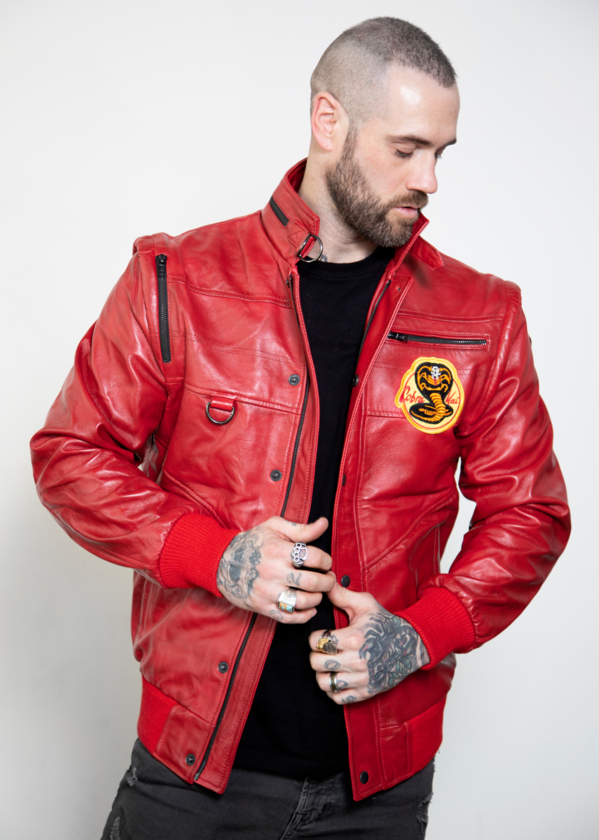 mens red leather cobra kai jacket