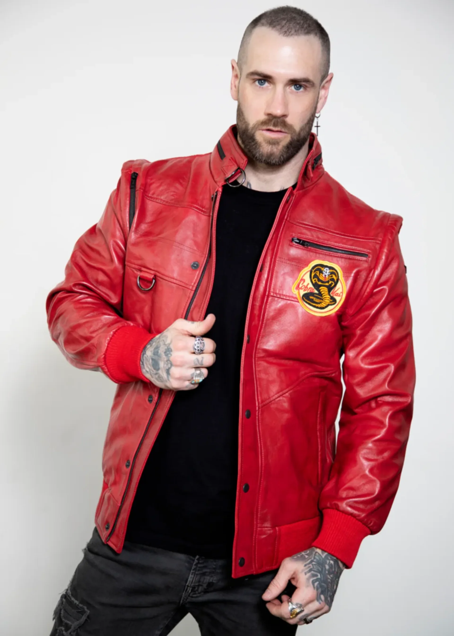 mens cobra kai red leather jacket