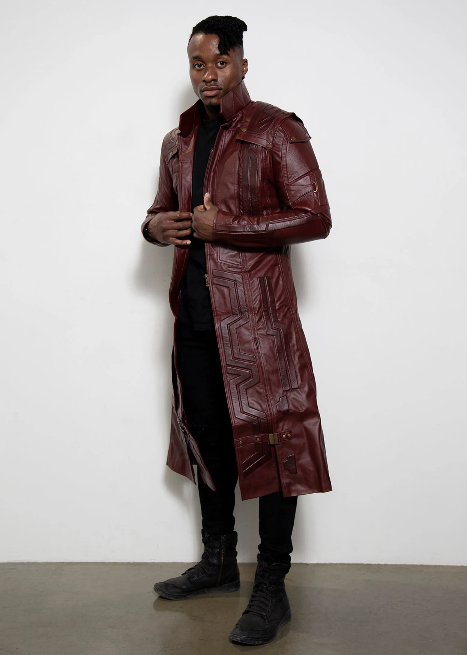starlord gardians of the galaxy red leather trench coat