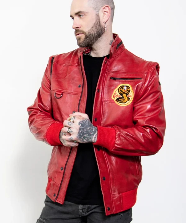 netflix cobra kai red real leather jacket for mens