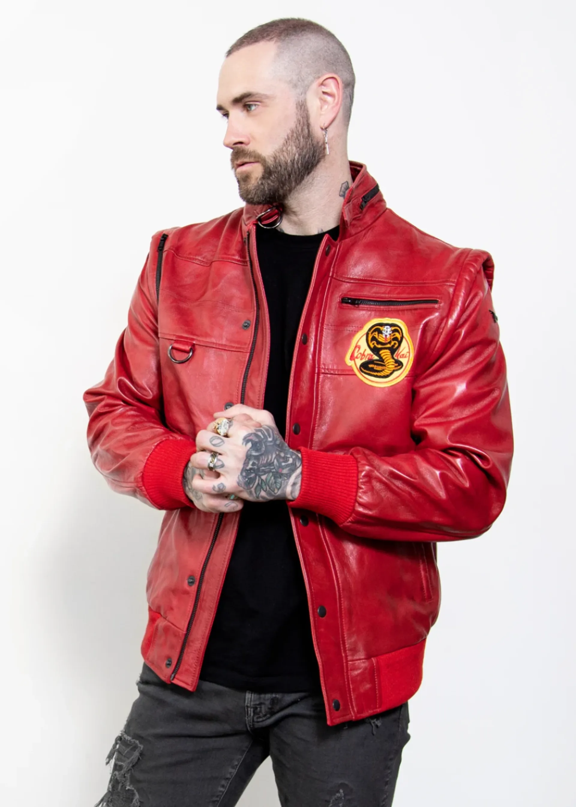 netflix cobra kai red real leather jacket for mens