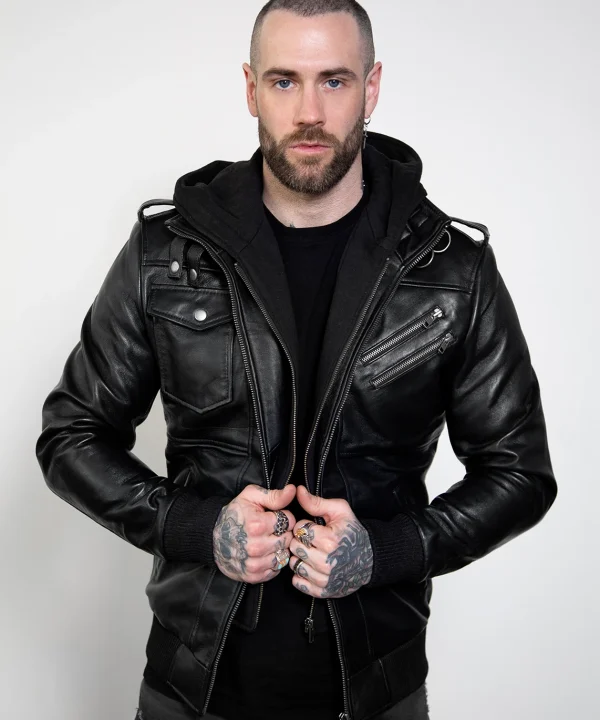 black leather jacket with removable hood mens fashion