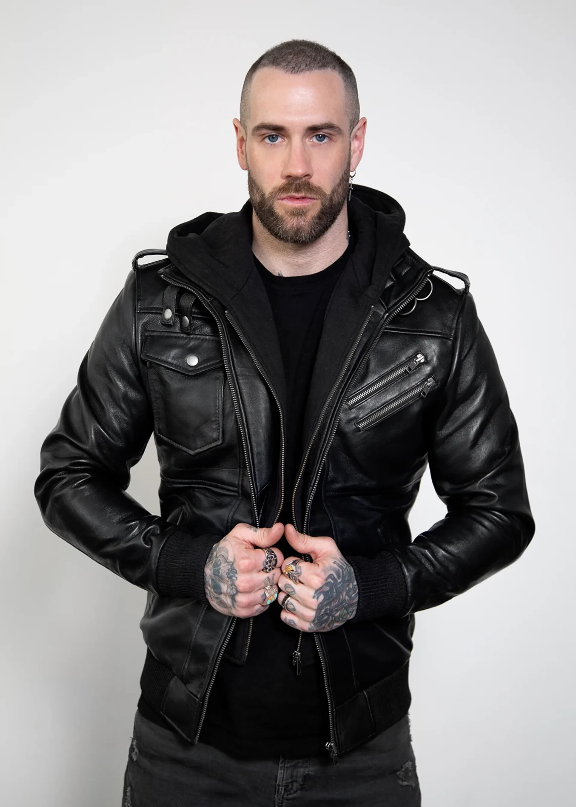 black leather jacket with removable hood mens fashion